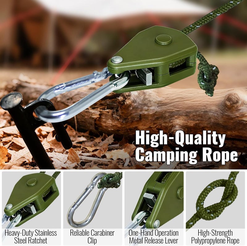 SOHIDAS Camping Rope Reflective Tent Rope Guyline with Ratchet Pulley, Tarp Tie Down Ropes for Tent Tarp, Canopy Shelter, Camping, 13ft Adjustable Guy Line for Canopy Tent 4 Pack Guy Lines Tents Cords - Image 3